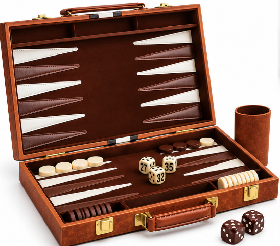 Set table de backgammon premium 28 × 19 cu piese de joc zaruri si cutie eleganta tip serviet
